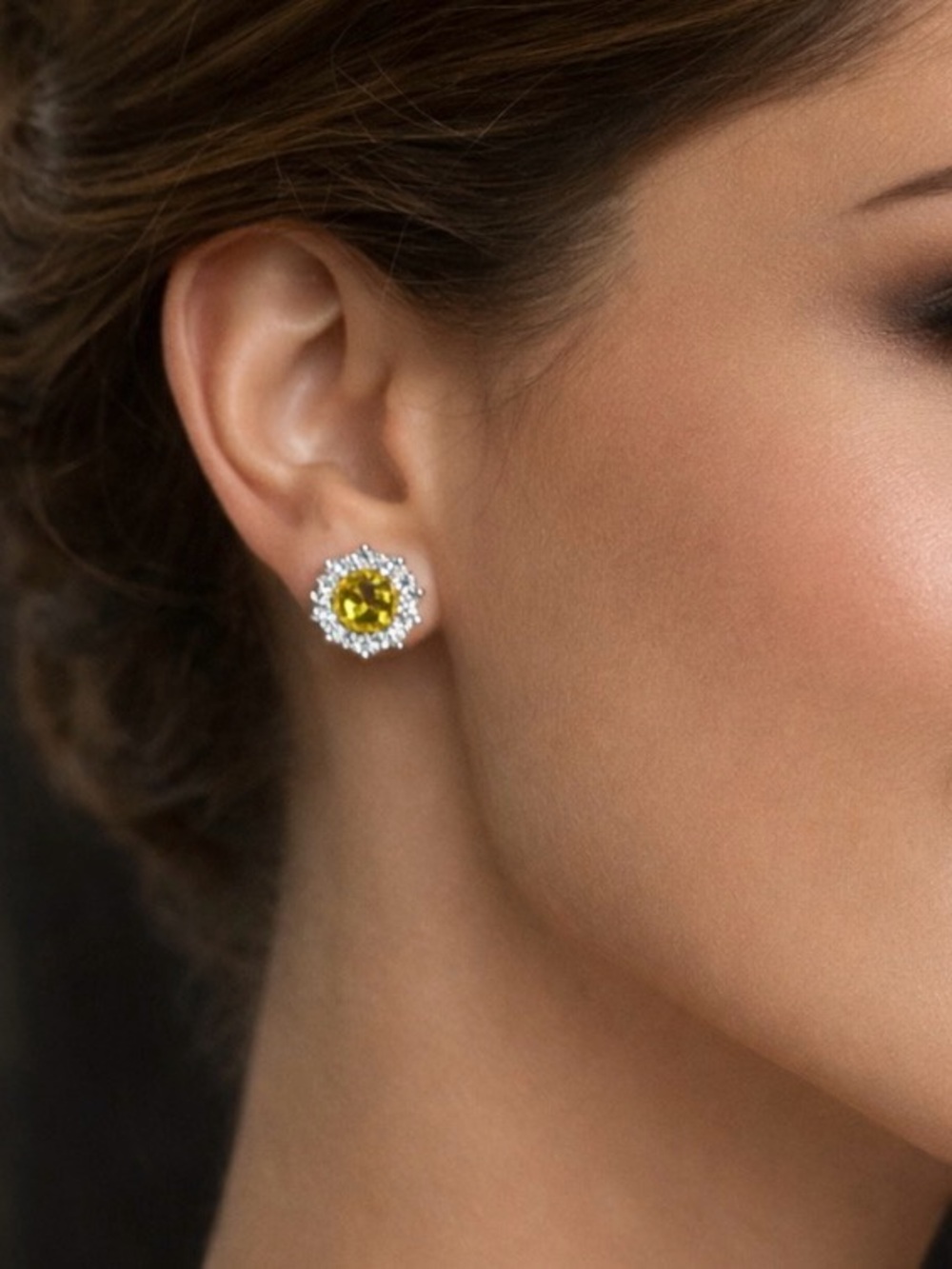 Sterling Silver Peridot Yellow Halo Stud Earrings